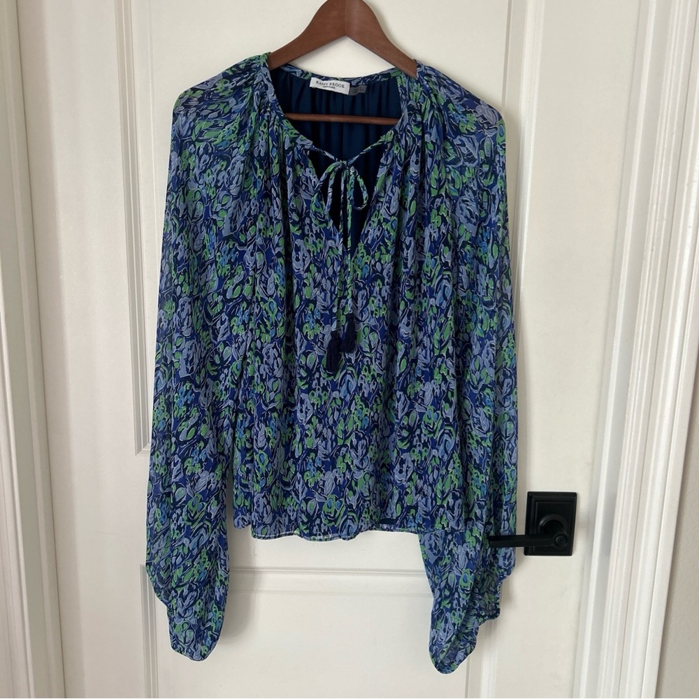 Ramy Brook New York Kade Blue Green Leaf Printed Flowy Peasant Blouse Sz Small